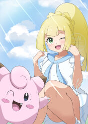Rule 34 | 1girl, ;d, absurdres, ass, blonde hair, clefairy, cloud, commentary request, day, eyelashes, gen 1 pokemon, green eyes, hands up, happy, highres, knees, lillie (pokemon), long hair, nintendo, one eye closed, open mouth, oronamin poke, outdoors, pleated skirt, pokemon, pokemon (creature), pokemon sm, ponytail, shirt, skirt, sky, smile, socks, squatting, tongue, white shirt, white skirt, white socks