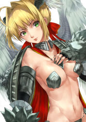 Rule 34 | absurdres, ahoge, ame oto aw, angel wings, arm at side, armor, armpit peek, artist name, bikini armor, black gloves, blonde hair, bow, breasts, bun with braided base, cape, choppy bangs, cleavage, closed mouth, collarbone, commentary, commentary request, dated, dutch angle, english commentary, eyelashes, fate/extra, fate/grand order, fate (series), fingerless gloves, fingernails, gloves, green eyes, hair bow, hair bun, hair ears, hand on own chest, highres, large breasts, light blush, light smile, linea alba, long fingernails, long hair, looking at viewer, mixed-language commentary, navel, neck armor, nero claudius (fate), nero claudius (saber venus) (fate), red bow, red cape, red lips, sidelocks, simple background, single hair bun, standing, toned, toned female, upper body, vambraces, white background, white wings, wings