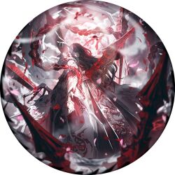 1boy aqua_eyes black_eyes black_hair blood bloody_weapon chinese_clothes dragon e.g.o_(project_moon) eastern_dragon eastern_dragon_horns game_cg hanfu heterochromia hong_lu_(project_moon) horn_ornament horns impaled limbus_company long_hair looking_at_viewer male_focus nai_ga official_art polearm project_moon red_hanfu robe scar scar_on_face single_horn solo spear standing tears_of_the_tarnished_blood_(e.g.o) weapon white_robe zhijupao