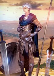1boy armor armored_boots blue_cape boots bracer breastplate cape closed_mouth dark-skinned_male dark_skin fate/grand_order fate_(series) feet_out_of_frame game_cg greco-roman_clothes hands_on_own_hips looking_at_viewer male_focus morii_shizuki official_art outdoors planted planted_sword planted_weapon polearm ptolemy_(fate) ptolemy_(first_ascension)_(fate) shield short_hair smile solo spear spiked_hair sword third-party_source toned toned_male variant_set weapon white_hair yellow_eyes