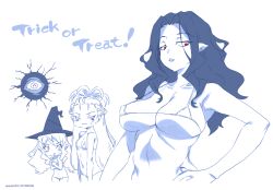 Rule 34 | adele (gegege no kitarou 6), agnes (gegege no kitarou 6), artist name, backbeard, bikini, black hair, blush, breasts, character request, covering breasts, covering privates, dated, embarrassed, english text, gegege no kitarou, halloween, happy, hat, large breasts, long hair, looking at viewer, micro bikini, mudou eichi, navel, pointy ears, red eyes, seductive smile, small breasts, smile, swimsuit, vampire, very long hair, witch, witch hat