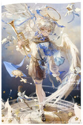1boy absurdres angel angel_wings blue_ribbon bow feathered_wings full_body glasses halo highres holding holding_instrument instrument legwear_garter long_sleeves looking_at_viewer male_focus multicolored_hair original ribbon shirt short_hair shorts socks solo star_(symbol) thigh_strap white_hair white_shirt white_wings wings www_shigure yellow_eyes
