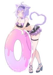 1girl ahoge amaguri_(guri_0330) animal_ear_fluff animal_ears bare_shoulders bikini black_bikini cat_cutout cat_ears cat_girl cat_tail cleavage_cutout clothing_cutout full_body highres hololive nekomata_okayu purple_tail short_hair sketch solo swim_ring swimsuit tail virtual_youtuber