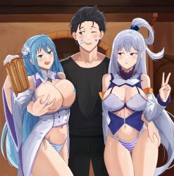 Rule 34 | 1boy, 2girls, absurdres, akihitoevon, alcohol, aqua (konosuba), aqua (konosuba) (cosplay), bare shoulders, beer, beer keg, black hair, blue eyes, blue hair, blue lips, blue shirt, blush, bra, braid, breasts, cleavage, clothing cutout, collarbone, commentary, commission, commissioner upload, cosplay, costume switch, crossover, crown braid, cup, detached sleeves, drunk, elf, emilia (re:zero), emilia (re:zero) (cosplay), flower, gem, grabbing another&#039;s ass, grabbing another&#039;s breast, green gemstone, groping, hair between eyes, hair flower, hair ornament, hair ribbon, hair rings, hair slicked back, hand on another&#039;s hip, highres, holding, holding cup, indoors, jealous, kono subarashii sekai ni shukufuku wo!, lace, lace bra, large breasts, lipstick, lipstick mark, long hair, long sleeves, looking at another, looking at viewer, makeup, multiple girls, natsuki subaru, navel, no pants, official alternate costume, one eye closed, open mouth, panties, pasties, pointy ears, pout, purple eyes, purple lips, purple ribbon, re:zero kara hajimeru isekai seikatsu, ribbon, rose, shirt, short hair, shoulder cutout, side-tie panties, single hair ring, smile, striped clothes, striped panties, tavern, thighs, underwear, v, very long hair, white flower, white hair, white rose, wide sleeves