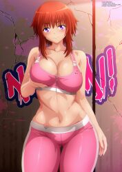 1girl blush breasts character_print cleavage collarbone crack cracked_wall grabbing_own_breast graffiti kirby kirby_(series) large_breasts looking_at_viewer naomi_kokoro navel nintendo original pants pink_pants pink_sports_bra print_sports_bra purple_eyes red_hair short_hair smile sports_bra sportswear standing yukino_memories zel-sama