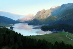 absurdres commentary day english_commentary forest grass highres lake landscape mountain nature no_humans original outdoors philipp_urlich scenery sky tree