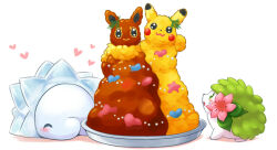 ^_^ aimi_(aimia492) blush closed_eyes commentary_request eevee flower food gen_1_pokemon gen_4_pokemon gen_8_pokemon green_eyes heart legendary_pokemon looking_up mythical_pokemon nintendo no_humans open_mouth pikachu pink_flower pokemon pokemon_(creature) profile shaymin shaymin_(land) simple_background snom star_(symbol) sweatdrop tray white_background