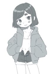 Rule 34 | 1girl, blush, bra, covered erect nipples, cowboy shot, female focus, flat chest, freckles, highres, hood, hood down, hoodie, long sleeves, looking at viewer, monochrome, navel, open clothes, open hoodie, original, panties, qtkat, short hair, shorts, sidelocks, smile, solo, teeth, thighs, unbuttoned, underwear