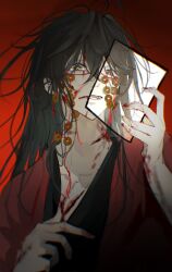 1boy aaawwwssslll absurdres black_eyes black_hair black_hanfu blood blood_on_arm blood_on_face blood_on_hands blood_on_neck blurry blurry_foreground broken_mask chinese_clothes chinese_commentary coat coin coin_mask collarbone dao_gui_yi_xian hair_between_eyes hair_down hand_on_own_chest hand_up hanfu highres holding holding_mirror holed_coin li_huowang long_hair looking_at_viewer male_focus mask messy_hair mirror mouth_veil parted_lips red_background red_coat red_nails reflection robe scar scar_on_neck simple_background solo tears teeth upper_body veil vignetting