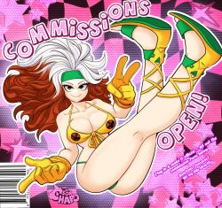 Rule 34 | 1girl, absurdres, animification, ass, bikini, breasts, brown hair, colored bangs, gloves, green eyes, green headband, headband, highres, large breasts, long hair, looking at viewer, marvel, multicolored hair, rogue (x-men), smile, solo, sonchapo, swimsuit, two-tone hair, white hair, x-men, yellow gloves
