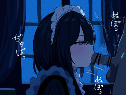 Rule 34 | 1boy, 1girl, assertive female, bar censor, black hair, breasts, censored, fellatio, head out of frame, maid, medium breasts, night, oral, original, penis, window