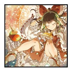 1girl ascot black_border bloomers blush border bow brown_hair closed_eyes closed_mouth commentary_request detached_sleeves frilled_ascot frilled_bow frilled_hair_tubes frills hair_bow hair_tubes hakurei_reimu hands_on_headphones headphones highres im_(badmasa) light_particles long_hair photoshop_(medium) red_bow red_eyes red_skirt ribbon-trimmed_sleeves ribbon_trim skirt skirt_set smile solo touhou underwear white_bloomers white_border yellow_ascot yin_yang