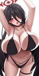 1girl absurdres armpits averting_eyes bare_arms bare_shoulders bikini black_bikini black_hair black_wings blue_archive breasts chien_zero eyes_visible_through_hair hair_bun hair_over_one_eye halo hasumi_(blue_archive) hasumi_(swimsuit)_(blue_archive) highres huge_breasts long_bangs long_hair looking_to_the_side navel open_mouth red_eyes red_halo side_ponytail solo stomach swimsuit wings