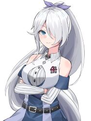 Rule 34 | 1girl, baseball uniform, belt, belt buckle, black belt, blue eyes, bow, buckle, cinderella series, closed mouth, cowboy shot, crossed arms, detached sleeves, dress, hachigatsu no cinderella nine, hair bow, hair over one eye, high ponytail, highres, kusakari rena, long hair, looking at viewer, michiruri, one eye covered, ponytail, purple bow, simple background, sleeveless, sleeveless dress, smile, solo, sportswear, standing, white background, white hair