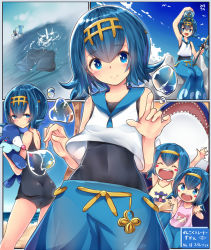 3girls ass blue_eyes blue_hair blue_sailor_collar blush blush_stickers bright_pupils bubble covered_navel crop_top dewpider fishing fishing_rod gen_1_pokemon gen_3_pokemon gen_7_pokemon hairband harper_(pokemon) kyogre lana_(pokemon) lapras legendary_pokemon looking_at_viewer multiple_girls nintendo one-piece_swimsuit open_mouth outdoors pokemon pokemon_(anime) pokemon_(creature) pokemon_sm pokemon_sm_(anime) popplio sailor_collar sarah_(pokemon) school_swimsuit short_hair siblings sisters sleeveless smile swimsuit swimsuit_under_clothes trial_captain twins water xe-cox
