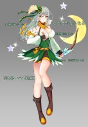 1girl arrow_(projectile) bicorne bird black_gloves blush boots bow_(weapon) breasts brown_boots brown_shorts cleavage closed_mouth commentary_request corset crescent detached_sleeves dove fingerless_gloves frown full_body gloves green_corset green_hat grey_background grey_eyes grey_hair hat highres holding holding_arrow holding_bow_(weapon) holding_weapon large_breasts long_hair looking_at_viewer mio1030 official_alternate_costume ragnarok_online ranger_(ragnarok_online) scarf short_shorts shorts solo standing star_(symbol) translation_request weapon white_bird white_sleeves yellow_scarf