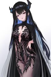 absurdres alternate_costume asymmetrical_horns breasts chronopattern_dress colored_inner_hair crystal_horns demon_horns diizy flower hair_ornament highres holoadvent hololive hololive_english horn_flower horns large_breasts looking_at_viewer meme_attire mole mole_under_eye multicolored_hair nerissa_ravencroft red_eyes simple_background split-color_hair tassel tassel_hair_ornament two-tone_hair uneven_horns virtual_youtuber white_background