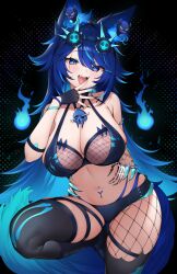 1girl absurdres animal_ear_fluff animal_ears arm_tattoo asymmetrical_legwear bikini black_gloves black_thighhighs blue_bikini blue_eyes blue_hair breasts cleavage commentary english_commentary fingerless_gloves gloves goggles goggles_on_head gradient_hair gradient_tail highres hip_tattoo hitodama indie_virtual_youtuber jewelry kaptivate large_breasts long_hair looking_at_viewer multicolored_hair navel_piercing necklace piercing scar scar_across_eye scar_on_face second-party_source skull_necklace solo spite_(vtuber) swimsuit tail tattoo teeth thighhighs tongue tongue_out upper_teeth_only virtual_youtuber wolf_ears wolf_girl wolf_tail