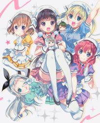 akizuki_kouyou amano_miu apron black_hair blend_s blonde_hair braid brown_hair chibi dino_(blend_s) green_hair hair_ribbon headscarf highres hinata_kaho hoshikawa_mafuyu kanzaki_hideri long_hair low_twintails marin_(marinandokarori) red_hair ribbon sakuranomiya_maika short_hair silver_hair stile_uniform twin_braids twintails waist_apron waitress white_headscarf