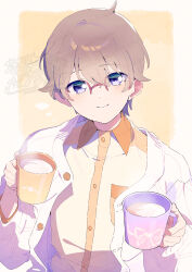 1boy ahoge border breast_pocket brown_hair buttons closed_mouth collared_shirt commentary_request cup dot_nose glasses hair_between_eyes happy head_tilt highres holding holding_cup jacket light_blush long_sleeves male_focus milk mug notice_lines open_clothes open_jacket outside_border pocket precure puffy_long_sleeves puffy_sleeves purple_eyes red-framed_eyewear serizawa_serizane shirt smile solo steam toyama_satoru twitter_username upper_body watermark watermark_grid white_border white_jacket wonderful_precure! yellow_background yellow_shirt