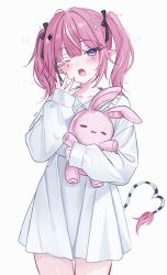 1girl absurdres artist_name black_hair black_ribbon black_tail blush camila_(vtuber) collarbone colored_eyelashes commentary demon_tail diamond_hair_ornament dress facial_mark fingernails hair_ribbon heart heart_tail highres holding holding_stuffed_toy indie_virtual_youtuber long_hair long_sleeves mismatched_eyelashes multicolored_hair nail_polish one_eye_closed open_mouth pajamas pink_nails pointy_ears purple_eyes ribbon sharp_teeth simple_background solo streaked_hair striped_tail stuffed_animal stuffed_rabbit stuffed_toy sweat tail teeth thighs triangle triangle_facial_mark twintails upper_teeth_only virtual_youtuber white_background white_dress white_eyelashes white_pajamas white_tail yawning zxcsque