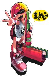 1girl :d bike_shorts fangs female_focus full_body gashi-gashi grin inkling inkling_girl inkling_player_character long_hair loose_clothes loose_shirt nintendo one_eye_closed open_mouth paint paint_roller pink_eyes pink_hair shirt shoes simple_background smile sneakers solo speech_bubble splat_roller_(splatoon) splatoon_(series) splatoon_1 standing t-shirt tentacle_hair translation_request v white_background wink