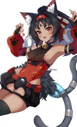 1girl absurdres aki_hoshino animal_ear_fluff animal_ears bell black_gloves black_hair black_shorts black_thighhighs breasts cable cable_tail cat_ears cat_girl cat_tail commentary curtained_hair dark-skinned_female dark_skin detached_sleeves english_commentary facial_mark forehead_mark gloves hair_between_eyes hairband hands_up highres jingle_bell leotard long_hair long_sleeves mechanical_tail medium_breasts multiple_tails neck_bell nekomiya_mana nipple_slip nipples open_mouth ponytail red_eyes red_hairband red_leotard red_sleeves short_shorts shorts simple_background solo tail thighhighs triangle triangle_facial_mark two_tails white_background zenless_zone_zero