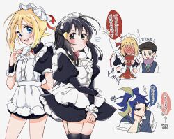 2boys 2girls adaman_(pokemon) akari_(pokemon) apron black_dress black_hair black_thighhighs blonde_hair blue_eyes blue_hair blush breasts brown_eyes closed_eyes closed_mouth cocoa_s3 collared_shirt dress eyebrow_cut eyelashes garter_straps green_hair grey_eyes hair_between_eyes hat highres holding irida_(pokemon) jewelry ketchup ketchup_bottle long_hair looking_at_viewer maid maid_apron maid_headdress multicolored_hair multiple_boys multiple_girls necktie nintendo one_eye_closed open_mouth pokemon pokemon_legends:_arceus ponytail rei_(pokemon) scarf school_uniform shirt short_dress short_hair sidelocks smile sweater_vest thighhighs white_apron white_shirt wrist_cuffs