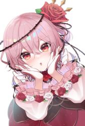 1girl :o amakai_nagi blush clothing_cutout flower hair_between_eyes hair_flower hair_ornament hair_vines highres looking_at_viewer medium_hair nijisanji nijisanji_en nose_blush pink_hair red_eyes red_flower red_rose rose rosemi_lovelock rosemi_lovelock_(1st_costume) shoulder_cutout side_ponytail solo thorns virtual_youtuber white_background white_flower white_rose