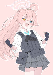 1girl :d absurdres beretta_92 black_gloves blue_archive blue_eyes blush bulletproof_vest clenched_hands commentary_request fang fingerless_gloves gloves grey_skirt gun halo handgun heterochromia highres hoshino_(armed)_(blue_archive) hoshino_(blue_archive) long_hair looking_at_viewer mistel_(sukebemistel) open_mouth pink_background pink_hair plaid_clothes plaid_skirt pleated_skirt ponytail school_uniform simple_background skin_fang skirt smile tactical_school_uniform weapon white_halo yellow_eyes