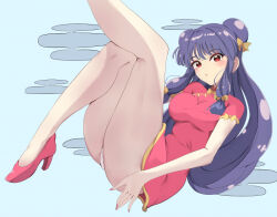1girl bell blush bow china_dress chinese_clothes commentary_request double_bun dress full_body hair_bell hair_bow hair_bun hair_ornament high_heels knee_up leg_up long_hair nail_polish panties parted_lips purple_hair ranma_1/2 red_eyes sasai_tuki shampoo_(ranma_1/2) short_dress short_sleeves solo underwear very_long_hair