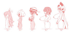 5girls breasts glasses height_chart height_difference helmet highres large_breasts long_hair measurements multiple_girls nude paripariarts ponytail