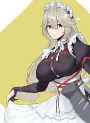 1girl alexandrina_sebastiane apron black_dress black_gloves breast_strap breasts buttons chest_strap dress fingerless_gloves gloves grey_hair highres large_breasts long_dress long_hair looking_at_viewer maid_apron maid_headdress red_eyes sagaharuto solo standing teeth very_long_hair zenless_zone_zero