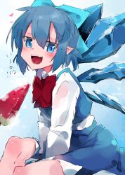 Rule 34 | 1girl, absurdres, blue bow, blue eyes, blue hair, bow, cirno, food, hair bow, highres, ice, ice wings, open mouth, shirt, short hair, solo, touhou, urano koedame, wings