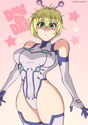 antennae blonde_hair breasts dandadan green_eyes highres kristallion leotard looking_down short_hair simple_background skin_tight_clothing thick_thighs thighhighs thighs vamola_(dandadan)