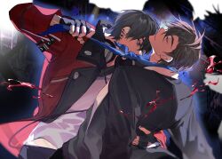2boys ameinu black_hair blue_necktie brown_hair buried_stars closed_eyes clothes_grab fingerless_gloves gloves han_do-yoon highres holding hug jacket lee_gyu-hyuk long_sleeves male_focus multiple_boys necktie necktie_grab neckwear_grab open_clothes open_jacket red_jacket shirt short_hair upper_body yaoi