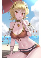 1girl bare_shoulders beach bikini blonde_hair blush breasts brown_bikini choker citrinne_(fire_emblem) cleavage closed_mouth cloud earrings feather_hair_ornament feathers finger_to_mouth fire_emblem fire_emblem_engage gold_choker gold_trim hair_ornament halterneck highres hoop_earrings jewelry large_breasts looking_at_viewer mismatched_earrings navel nintendo ocean outdoors red_eyes short_hair sitting smile solo swimsuit tarutaru193 thick_thighs thighs umbrella water wing_hair_ornament