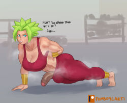 1girl abs arm_behind_back barefoot blue_eyes breasts bulge crop_top dragon_ball dragon_ball_super english_text exercising femboycarti foreskin futanari green_hair grey_background highres kefla_(dragon_ball) large_breasts large_penis looking_at_viewer midriff muscular muscular_female pants penis push-ups saiyan spiked_hair super_saiyan testicles toes