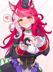 1girl 1m5papa absurdres animal_ears blush breasts cleavage closed_mouth collarbone hair_ornament heart heart_hands highres horse_ears horse_girl large_breasts looking_at_viewer loves_only_you_(umamusume) mole mole_on_neck mole_under_eye red_hair simple_background solo umamusume white_background yellow_eyes