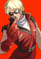 1boy absurdres arm_up bare_shoulders belt belt_buckle black_belt blonde_hair blue_eyes buckle char_aznable commentary_request cowboy_shot eyes_visible_through_eyewear gloves gundam high_collar highres index_finger_raised looking_at_viewer male_focus open_mouth red_background red_gloves red_tunic shirt simple_background sleeveless sleeveless_shirt solo sunglasses teeth tunic turtleneck upper_teeth_only wavy_hair white_shirt yoru_tsuki12 zeta_gundam