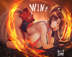 Rule 34 | 1girl, artist name, ass, bare legs, blush, breasts, brown eyes, brown hair, commentary request, fatal fury, fire, hand fan, highres, holding, holding fan, large breasts, no bra, revealing clothes, shadow, shiranui mai, sideboob, smile, snk, solo, the king of fighters, thighs, tomo eokaiteru
