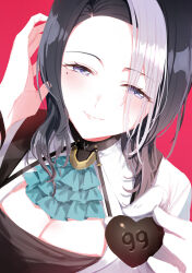 1girl ascot black_hair braid breasts candy chocolate chocolate_heart cleavage cleavage_cutout closed_mouth clothing_cutout food gloves green_ascot half-closed_eyes heart heart-shaped_food holding holding_food large_breasts light_blush looking_at_viewer mejiro_ramonu_(umamusume) mole mole_under_eye multicolored_hair purple_eyes red_background romi_(346_ura) shirt short_hair simple_background single_braid smile solo streaked_hair tucking_hair umamusume upper_body white_gloves