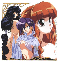 3girls animahjong animahjong_x artist_request ass black_eyes blonde_hair blunt_bangs bracelet brown_eyes brown_hair earrings jewelry long_hair looking_at_viewer miyabi_(animahjong_x) multiple_girls navel nude purple_hair red_eyes retro_artstyle rumi_(animahjong_x) short_hair simple_background sogna very_long_hair white_background yumika_(animahjong_x)