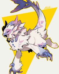 :d bul_(moiko) claws closed_eyes creature creature_focus dragon_horns fins fish_tail geometric_pattern head_fins horns multicolored_hair neck_fur no_humans open_mouth original outline purple_fur purple_horns signature smile tail triangle two-tone_fur two-tone_hair white_background white_fur yellow_background yellow_outline