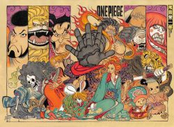 2girls 6+boys afro animal_ears artist_name black_hair blonde_hair brook_(one_piece) carrot_(one_piece) cat_ears clenched_teeth cloud_print color_spread copyright_name creature dog eyeshadow fine_art_parody food_print fruit_print gear_fourth gear_fourth:_boundman geta green_kimono hair_ornament hair_over_one_eye hairpin haki_(one_piece) hat highres inuarashi_(one_piece) japanese_clothes kanjuro_(one_piece) katana kimono kinemon kouzuki_momonosuke lion makeup monkey_d._luffy multiple_boys multiple_girls nami_(one_piece) nekomamushi nihonga obi oda_eiichirou official_art one_piece orange_hair orange_print outside_border parody pedro_(one_piece) rabbit_ears rabbit_girl raizo_(one_piece) red_eyeshadow sanji_(one_piece) sash short_hair skeleton style_parody sword teeth tony_tony_chopper ukiyo-e weapon