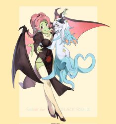 Rule 34 | 2girls, ass, black dress, black footwear, black souls, black souls 2, black wings, breasts, chushthu, colored skin, demon wings, dress, full body, green skin, high heels, highres, juliet sleeves, kuti (black souls), large breasts, ln&#039;eta, long hair, long sleeves, looking to the side, monster girl, multiple girls, pink eyes, pink hair, ponytail, puffy sleeves, scylla, side slit, sucker for love, tentacles, thighhighs, two side up, white hair, white thighhighs, wings