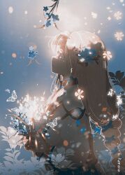 1girl blonde_hair blony_(mabinogi) blue_eyes bug butterfly fantasy flower highres insect looking_up mabinogi reinforced robe tearing_up