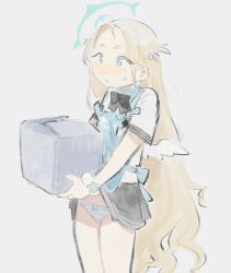 1girl accidental_exposure angel&#039;s_24_uniform_(blue_archive) apron black_bow blonde_hair blue_apron blue_archive blue_eyes blush bow box clothes_lift grey_background halo holding holding_box lifting_own_clothes long_hair mini_wings panties pantyshot parted_lips ribbon scrunchie shirt short_sleeves simple_background skirt skirt_lift solo sora_(blue_archive) striped_clothes striped_panties tnso two_side_up underwear very_long_hair white_shirt wings wrist_scrunchie