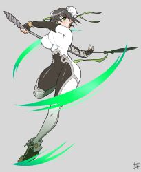 Rule 34 | 1girl, arm guards, black bodysuit, black boots, black gloves, black hair, blush, bodysuit, boots, breasts, bun cover, covered navel, double bun, elbow gloves, fate/grand order, fate (series), fingerless gloves, full body, gloves, green eyes, green ribbon, guriguri (arayotto4351), hair bun, hair ribbon, highres, large breasts, looking at viewer, medium hair, polearm, qin liangyu (fate), ribbon, sidelocks, silver trim, solo, spear, weapon, white bodysuit