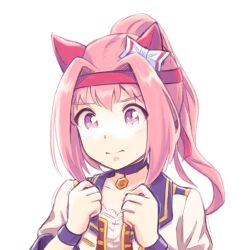 1girl animal_ears blue_choker bow choker closed_mouth collarbone commentary_request hair_bow hair_intakes hands_up haru_urara_(umamusume) headband horse_ears horse_girl iamsako jacket long_hair open_clothes open_jacket pink_eyes pink_hair ponytail portrait red_headband shirt simple_background solo starting_future_(umamusume) tareme umamusume white_background white_bow white_jacket white_shirt wristband